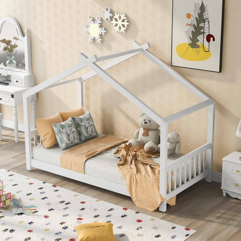 Harper & Bright Designs Twin House Bed for Kids, Floor Frame With Headboard and Footboard, Wooden Montessori Bed for Girls, Boys, White