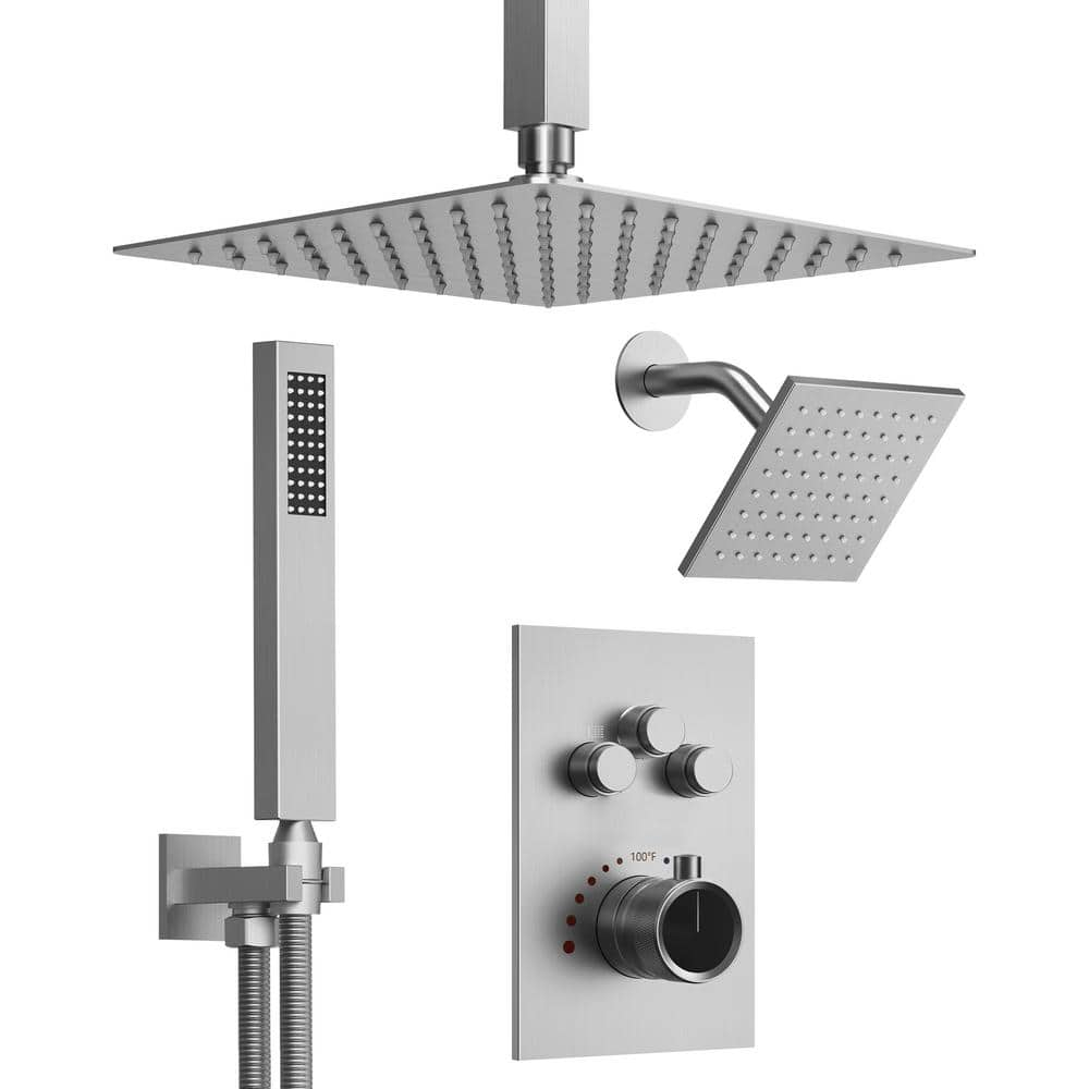 GRANDJOY Dual Wall Mount Rainfall Shower Head System Luxury Adjustable 12 inch & 6 inch Shower Faucet Set with Handheld Shower Spray Thermostatic Pressure Balance Value, Brushed Nickel