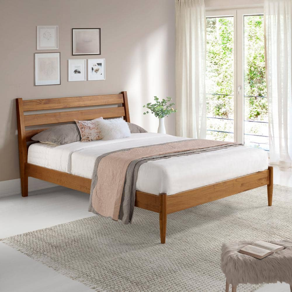 Camaflexi Mid Century Platform Bed Queen Size Solid Wood Bed Frame, Castanho 100% Solid Wood
