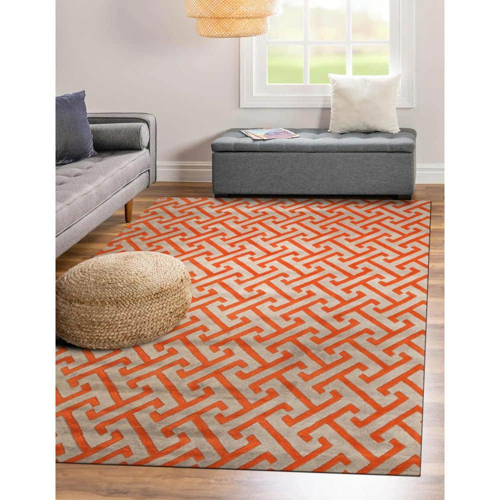 Handmade Gray Geometric Wool Round Rug, 8' Diameter