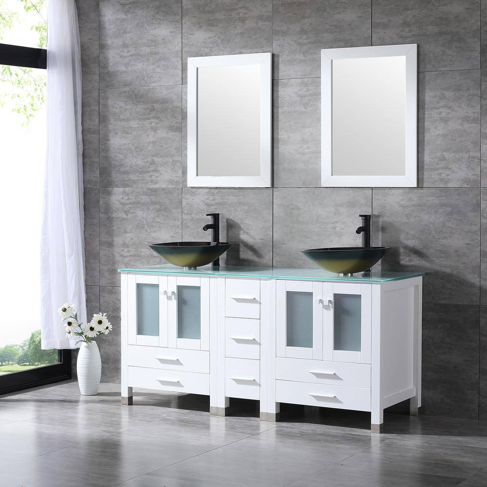 60" White Bathroom Vanity Cabinet Optional Double Sink Tempered Glass Top Mirror