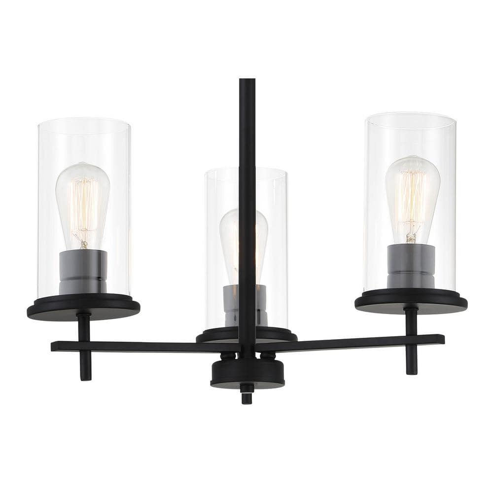 Coal Black 3-Light Glass Shade Chandelier with Clear Cylinder