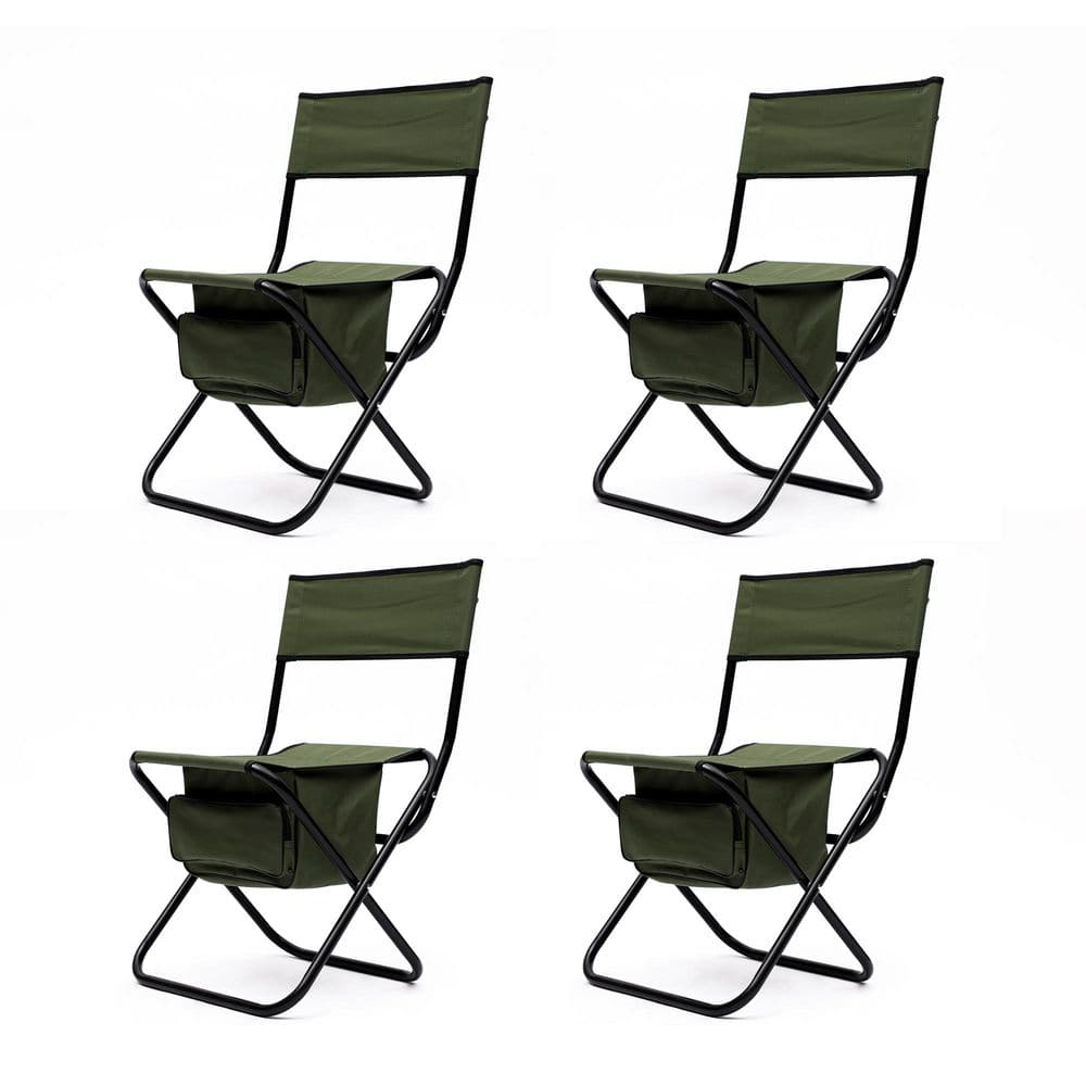 Green Steel Armless Folding Camping Chairs with Storage Bag, Set of 4