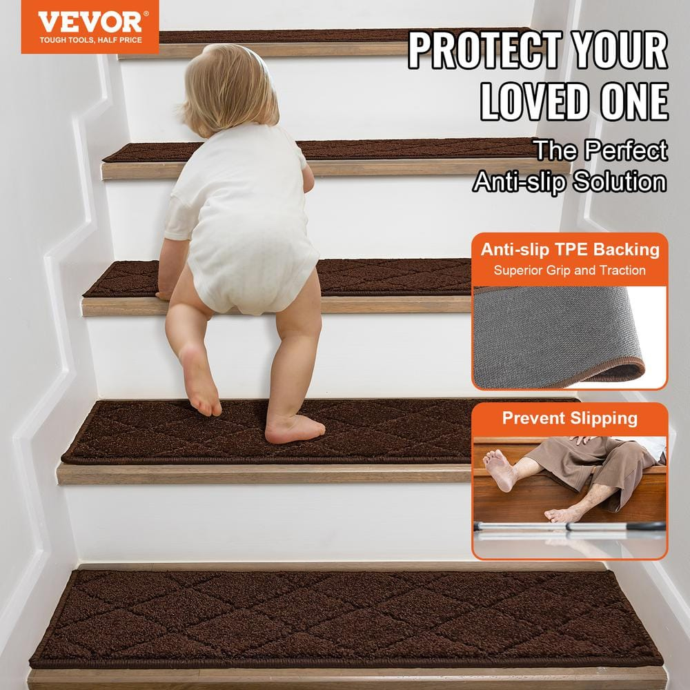 VEVOR Non-Slip Stair Treads, 9" x 28", Brown - 15 pcs, Indoor Carpet Runner for Wooden Steps with Soft Edging, Anti-Slip Stair Mats for Kids, Elders, and Dogs