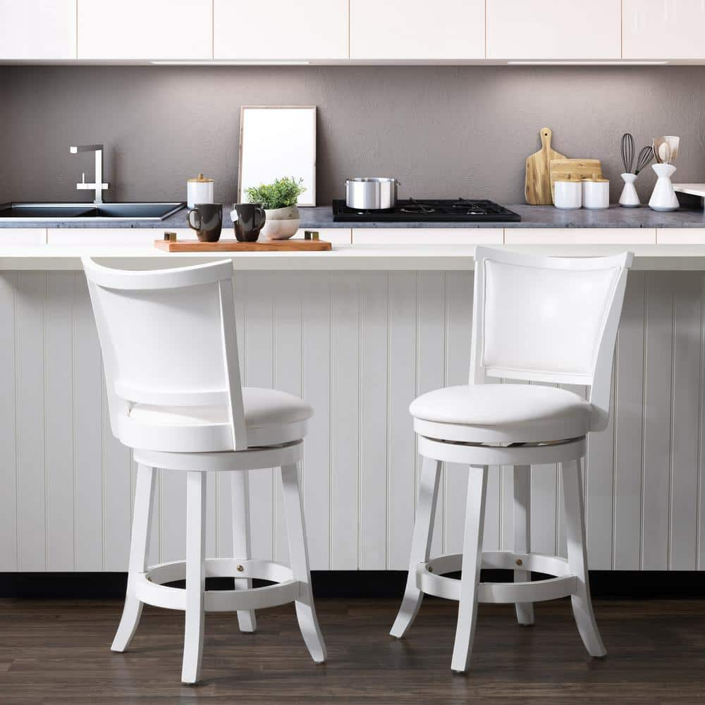 CorLiving Wood Bar Stool Chair Set of 2 in White -Rotating Round Seat & Footrest