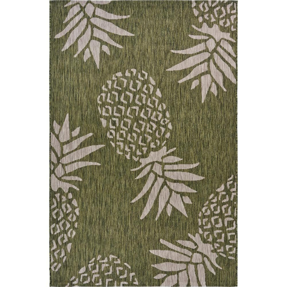 LR Home Camila 7'9" x 9'9", Beige/Green Pineapple Fade, Stain, and Moisture Resistant Indoor/Outdoor Area Rug