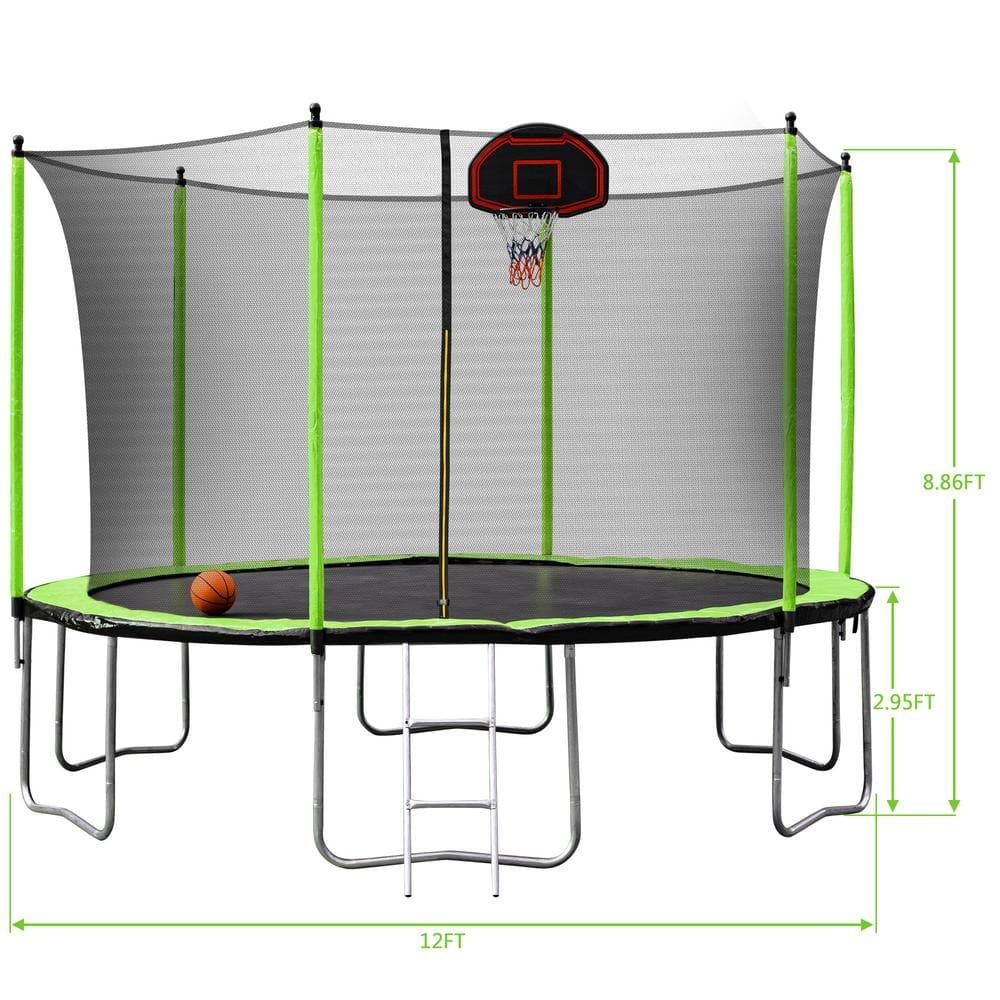 12FT Trampoline with Backboard,Outdoor Trampoline with Enclosure Net and Ladder for Kids,Green