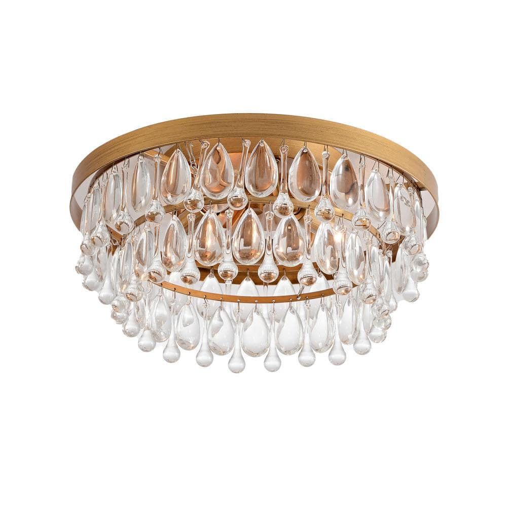 The Lighting Store Viviana Black 3-light Flush Mount with Crystal Glass Teardrops Brushed Brass