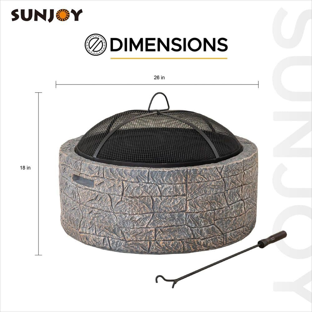 SUNJOY 26 Inch Stone Fire Pit, Patio Outdoor Round Wood Burning Fire Pits for Outside with Spark Screen and Poker, Stone Gray