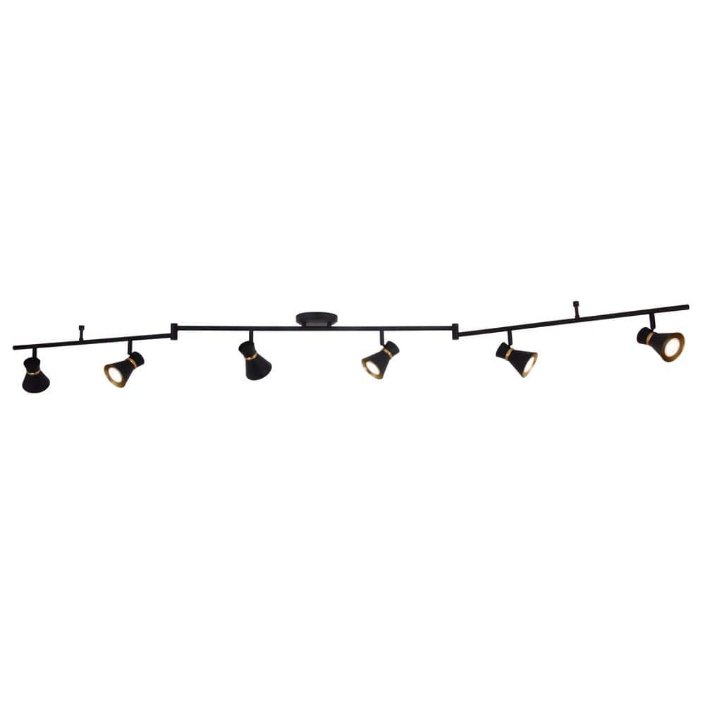 Alto 6 Light LED Matte Black with Gold Satin Brass Accents Mid-Century Modern Swing Arm Directional Ceiling Spot Fixture with Metal Shades