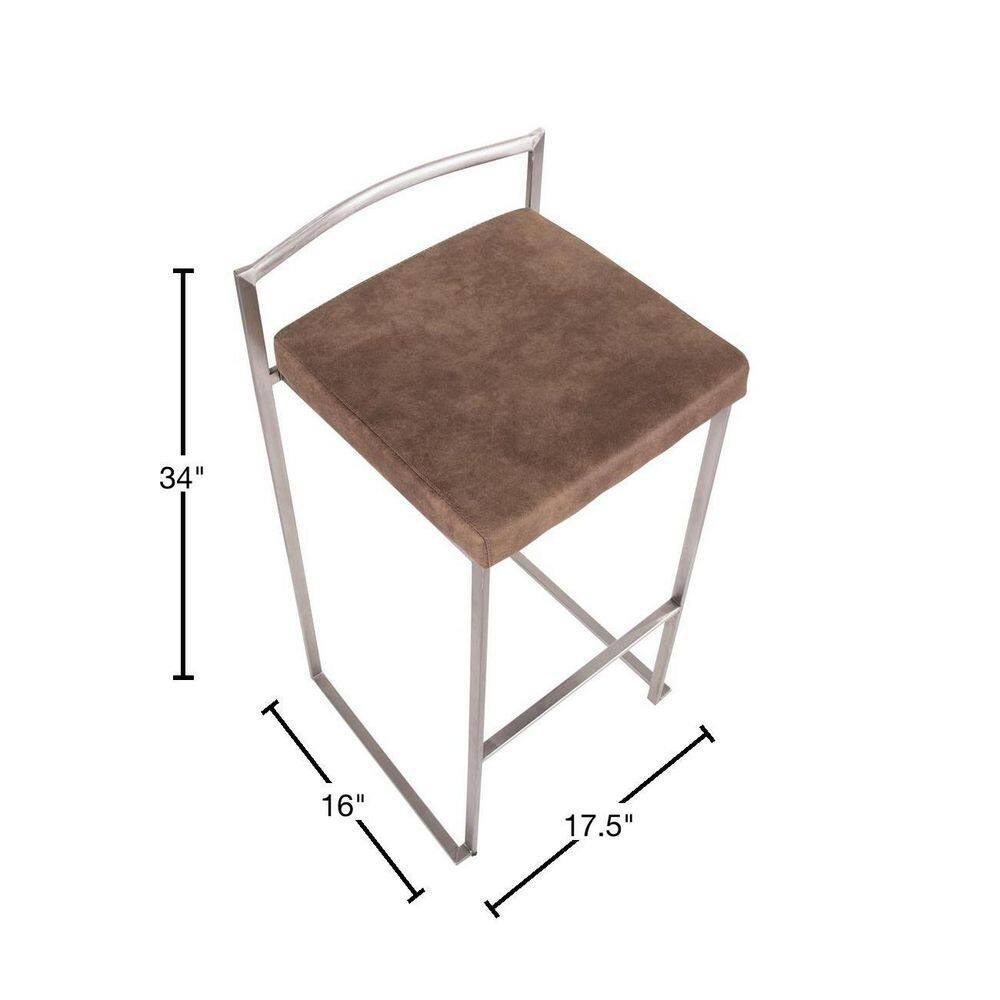 Fuji Contemporary Stackable Barstool in Stainless Steel with Brown Cowboy Fabric Cushion by LumiSource - Set of 2