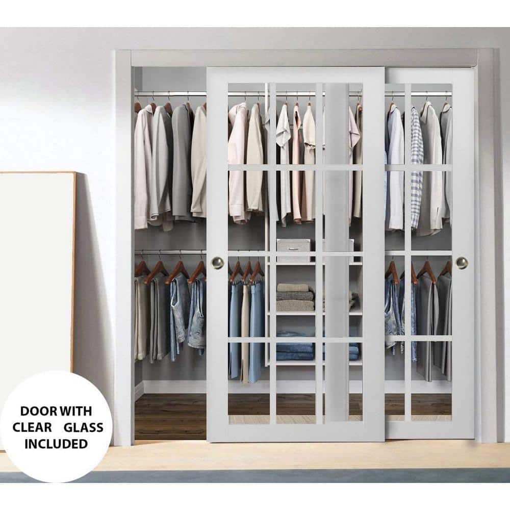 Sliding Closet 12 lites Bypass Doors | Felicia 3355 | Sturdy Rails Moldings Trims Hardware Set | Wood Solid Bedroom Wardrobe Doors