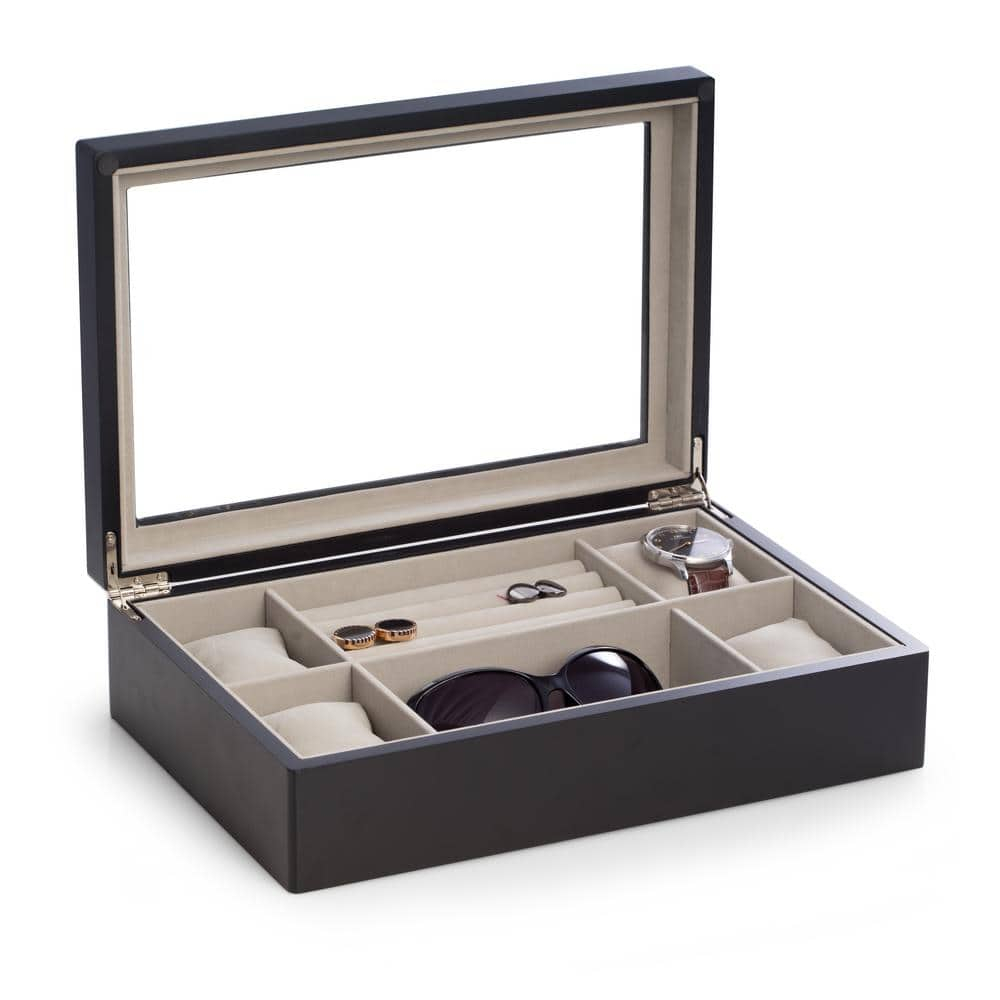 Matte Black Wood Valet and Watch Box with Glass Top and Soft Velour Lining. Slots for Rings and Cufflinks and 4 Watch Pillows.
