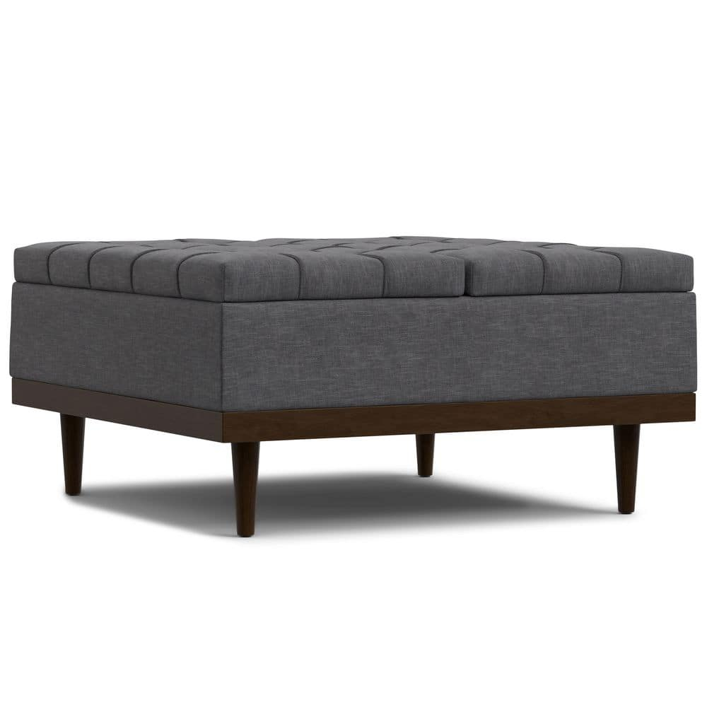 Slate Grey Tufted Lift-Top Cocktail Ottoman with Walnut Base