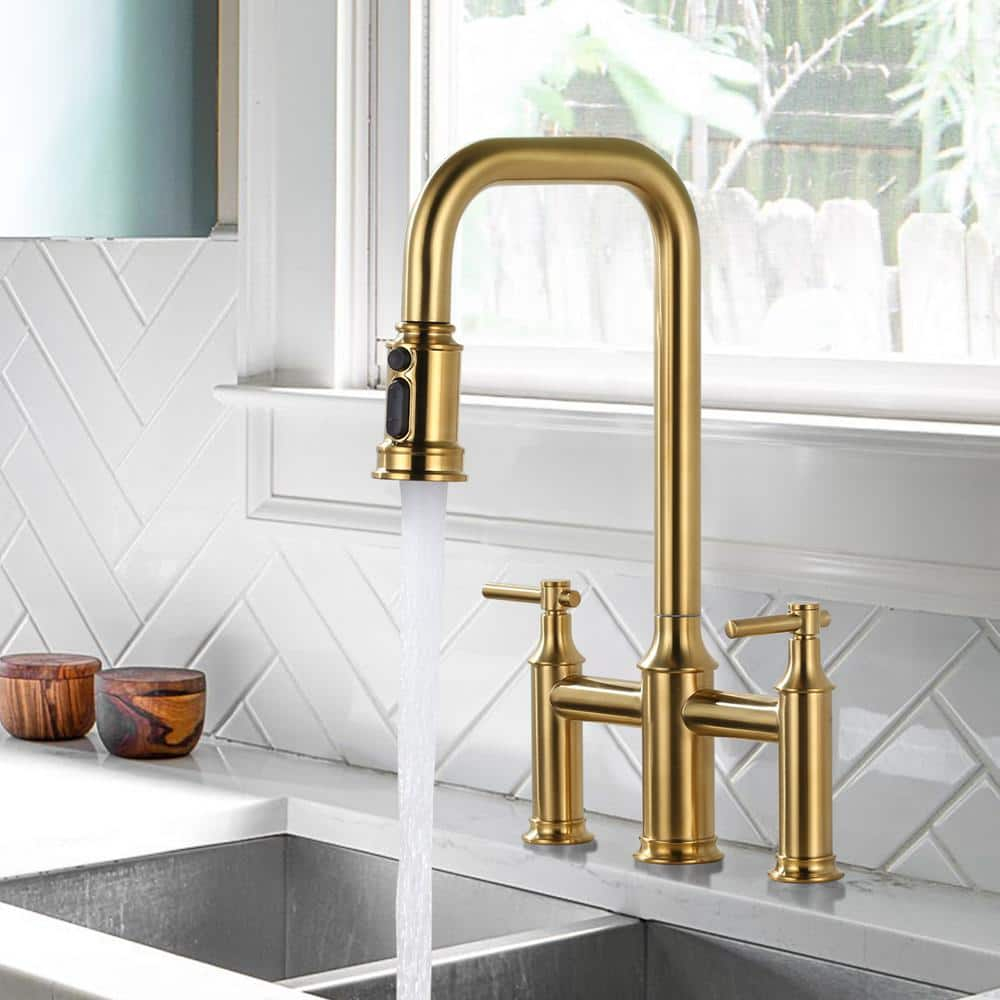 Double Handle Bridge Kitchen Faucet with Advanced Spray in Gold