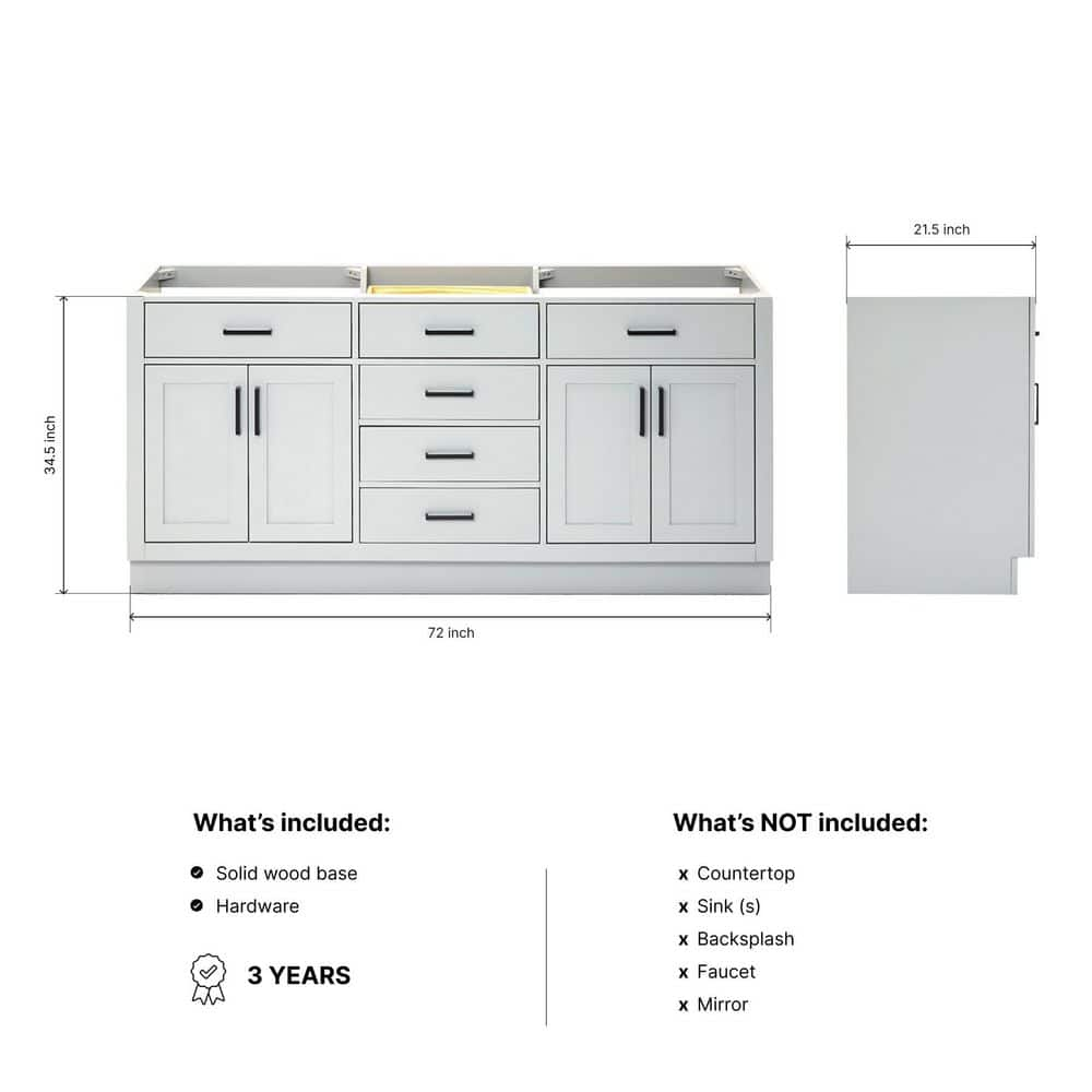 Ariel T072d-Bc Hepburn 72" Double Free Standing Vanity Cabinet Only - Grey