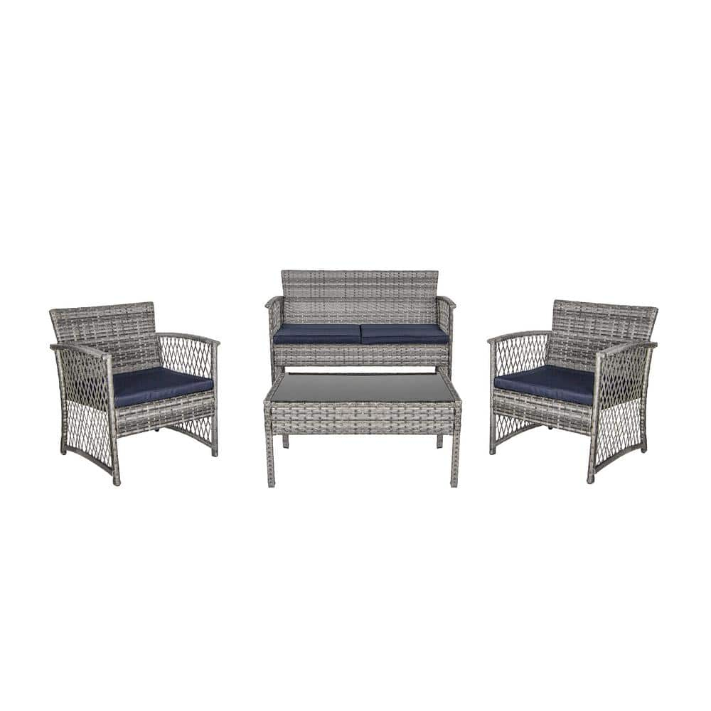 Morada 4-Piece Woven Rattan Wicker Sofa Set, Navy