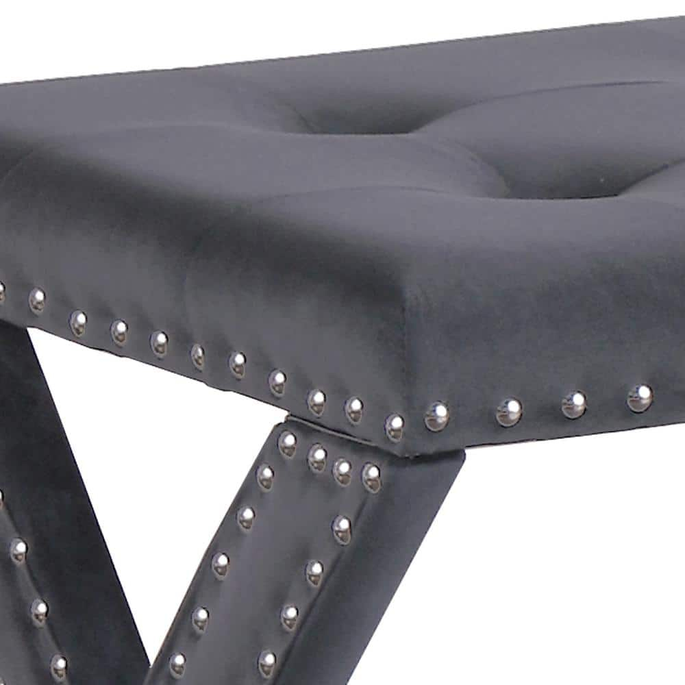 Velvet Fabric Upholstered Square Accent Bench in Gray