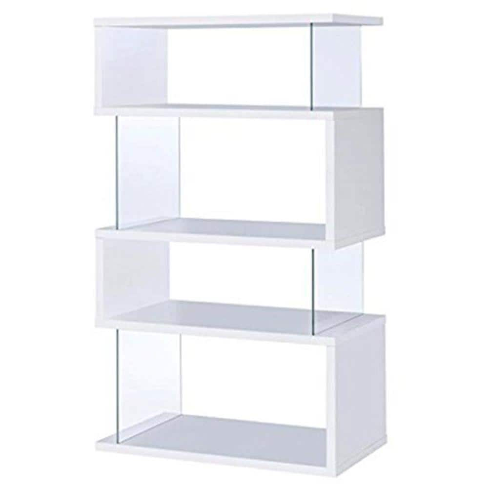 Benzara 3-Shelf Wood Bookcase with Tempered Glass Sides in Glossy White