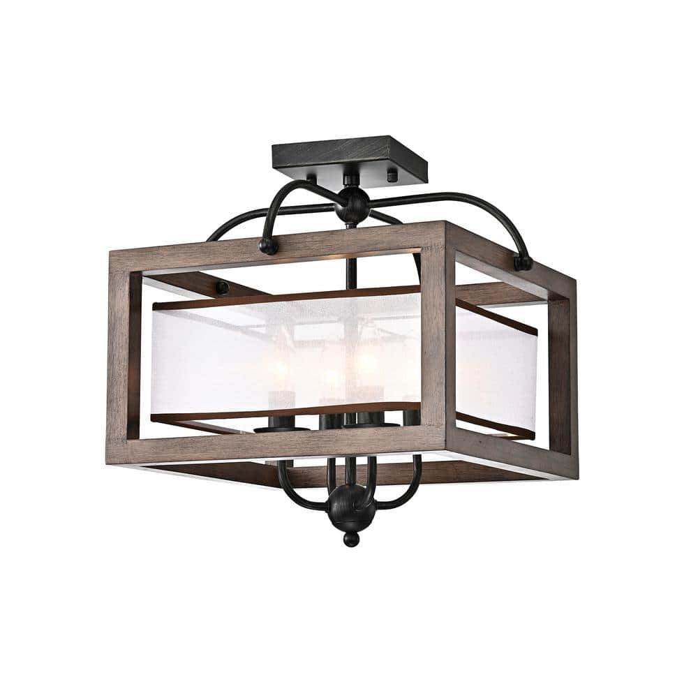 The Lighting Store Alina Antique Black Metal Natural Wood Flush Mount with Fabric Shade