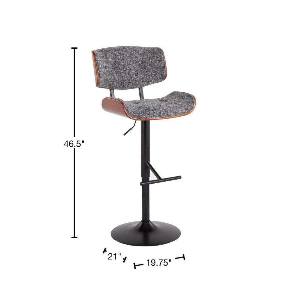 Lombardi Mid-Century Modern Barstool In Black Metal And Grey Noise Fabric With Walnut Wood Accent