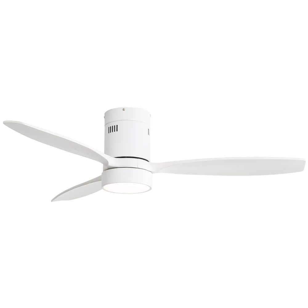 Sofucor 52 inch Wood Low Profile White Ceiling Fans with Lights and Remote, Modern Flush Mount Quiet Ceiling Fan for Bedroom, Reversible DC Moto