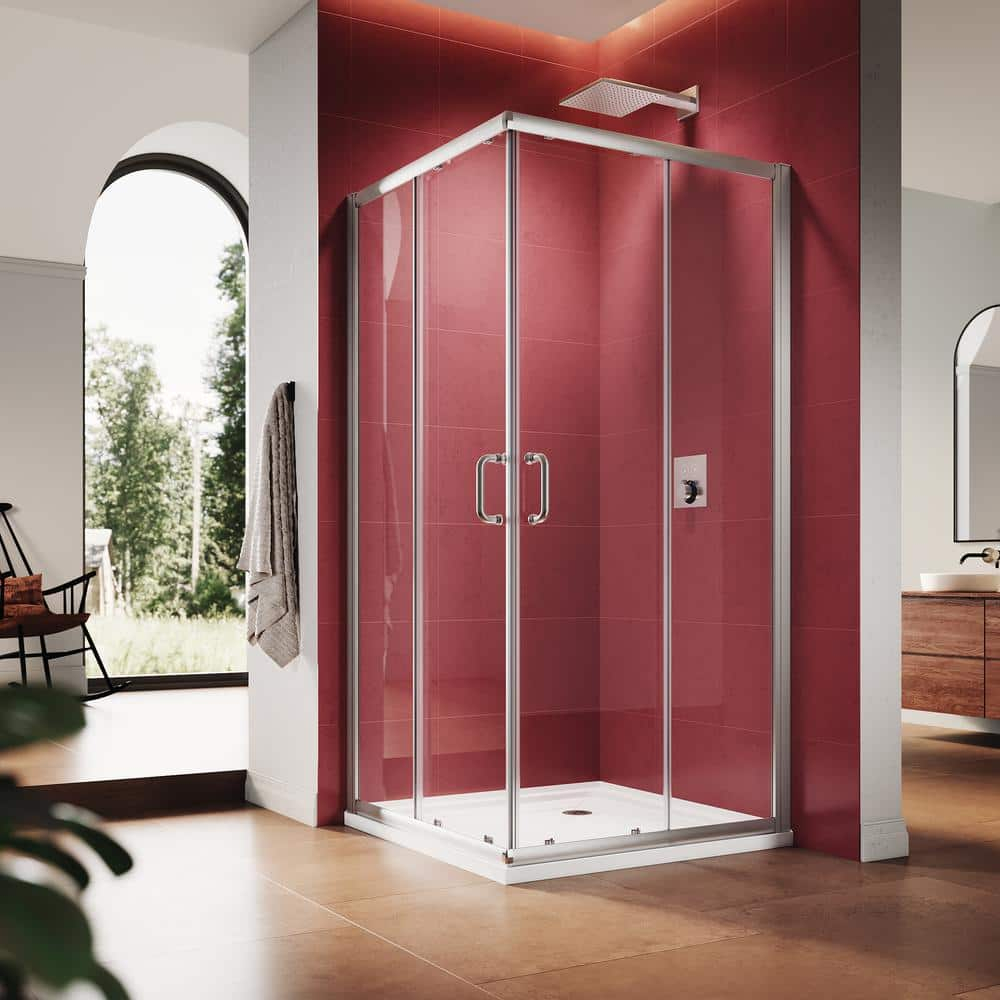 ELEGANT Corner Shower Enclosure Sliding Door 34'' D x 34'' W x 72'' H Double Sliding Shower Doors 1/4 in.Clear Glass French Corner Enclosure,Brushed Nickel (Shower Base No Included)