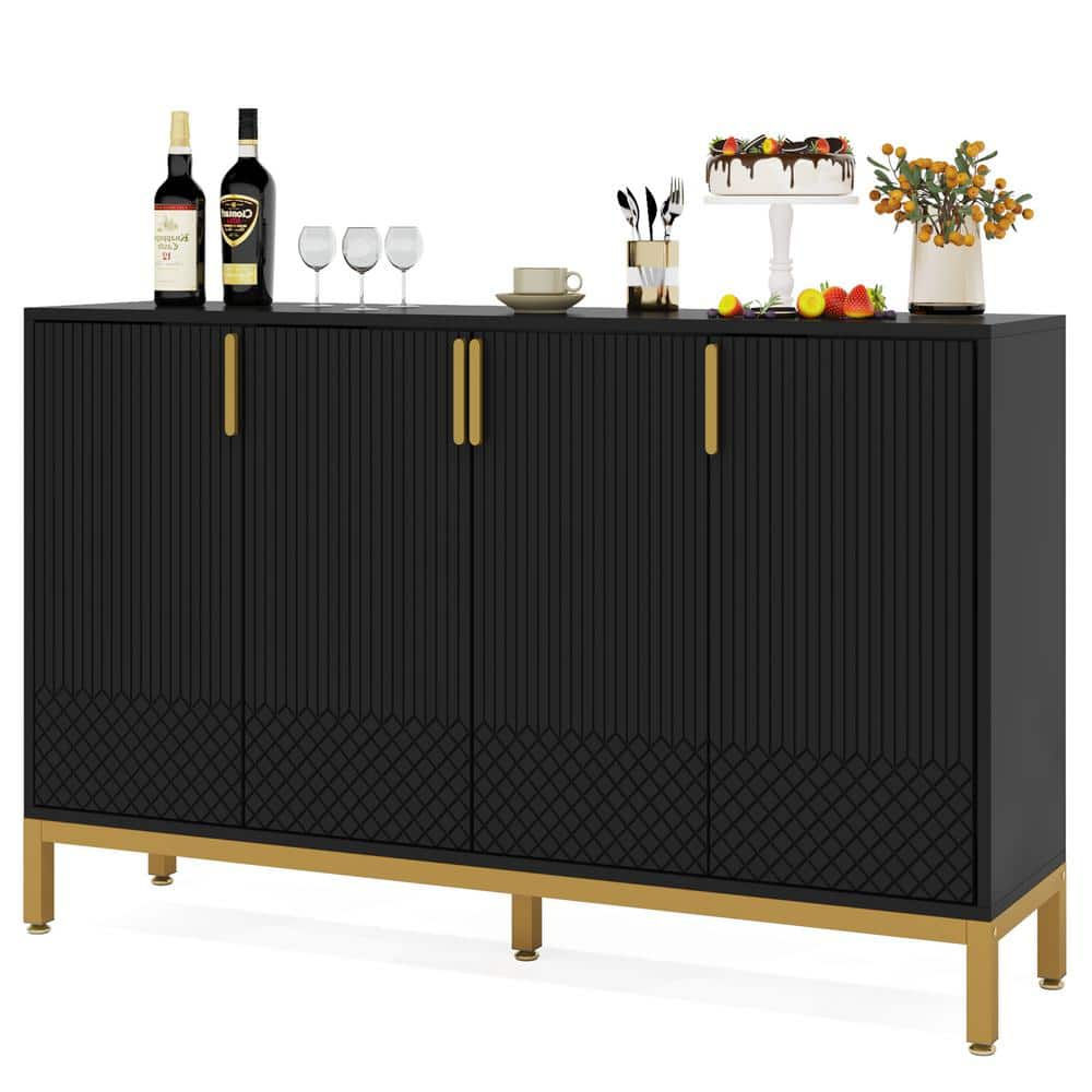 Finmind 59" Buffet Cabinet, 4-Door Storage Sideboard, Black & Gold Coffee Bar Cabinet for Dining Room or Living Room
