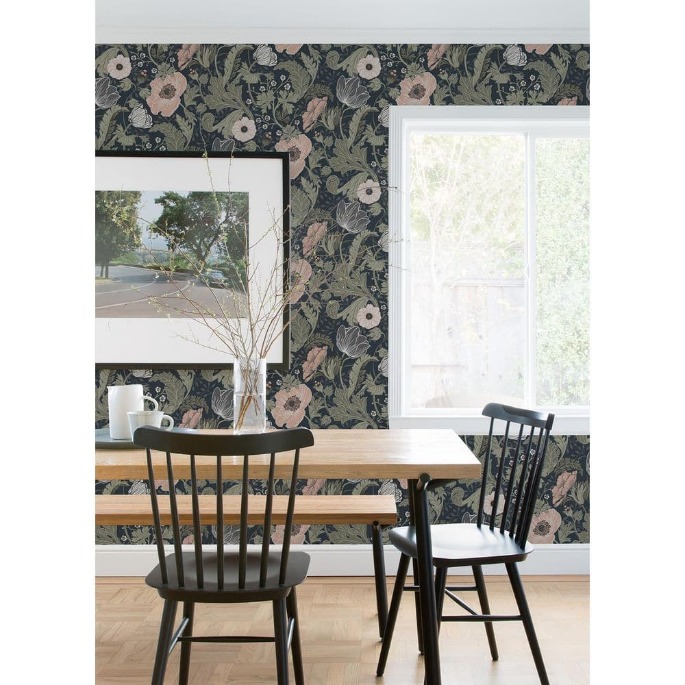 Navy and Pink Floral Non-Woven Wallpaper Roll