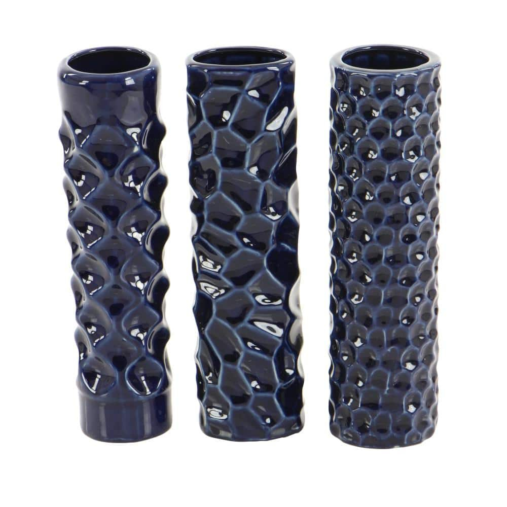 DecMode 3"W, 12"H Dark Blue Ceramic Vase with Varying Patterns, Set of 3