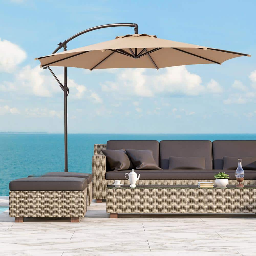 10' ft Outdoor Patio Umbrella Offset Cantilever Umbrella Manual Crank With Cross Base Include, Beige