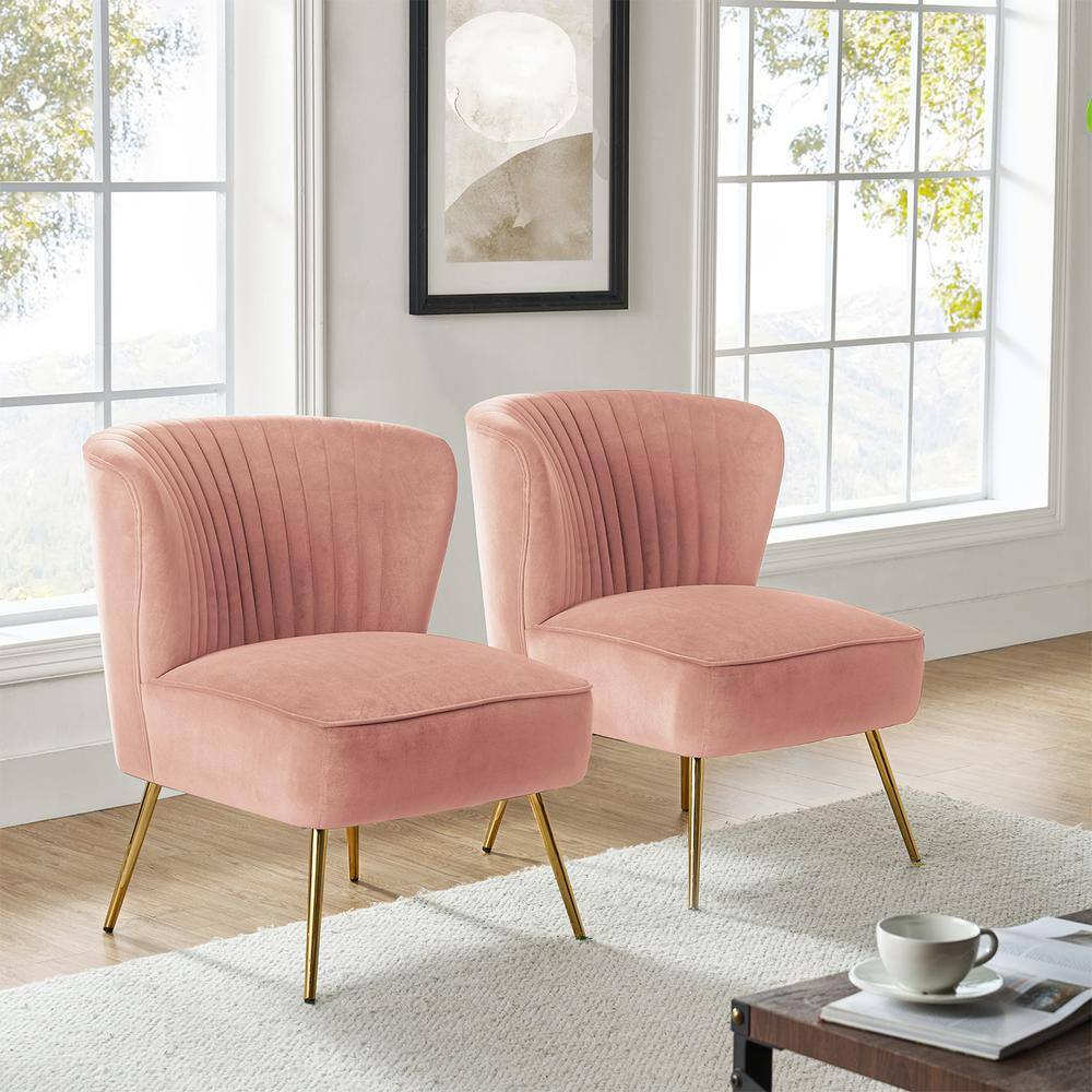 Modern Velvet Accent Chair Set of 2 Upholstered Side Chairs Gold Leg Home Bedroom Pink