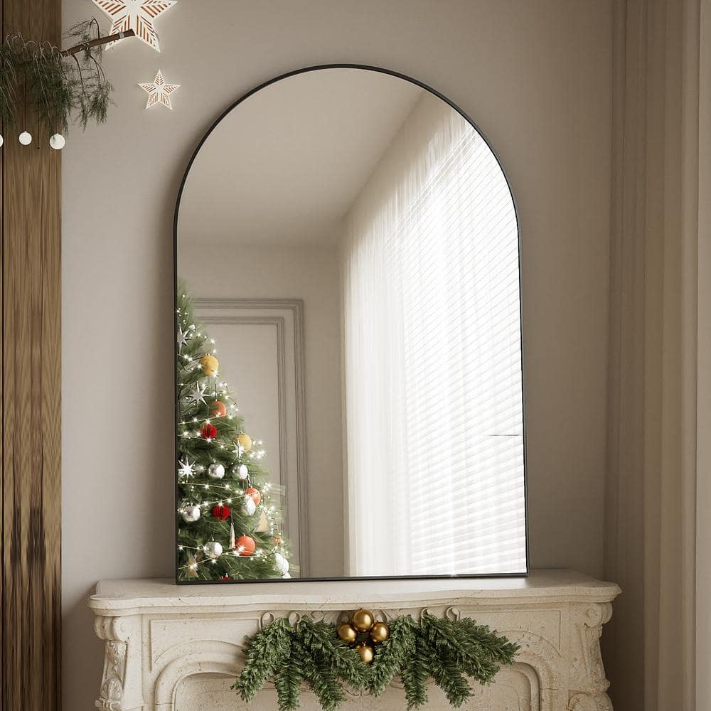 24 in. W x 36 in. H Arched Black Aluminum Alloy Framed Wall Mirror
