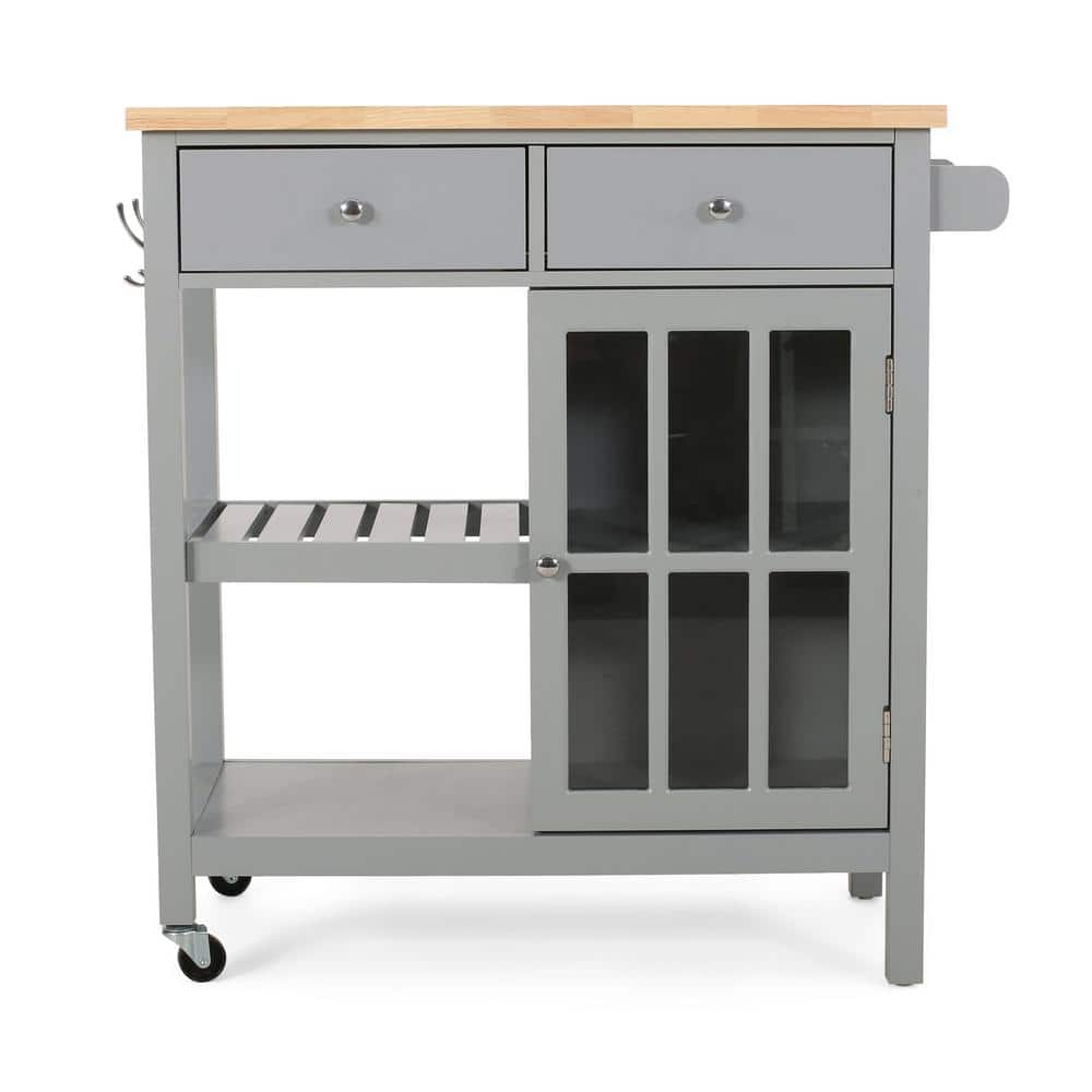 Noble House Rodrick Rubberwood Kitchen Cart, Gray, Natural