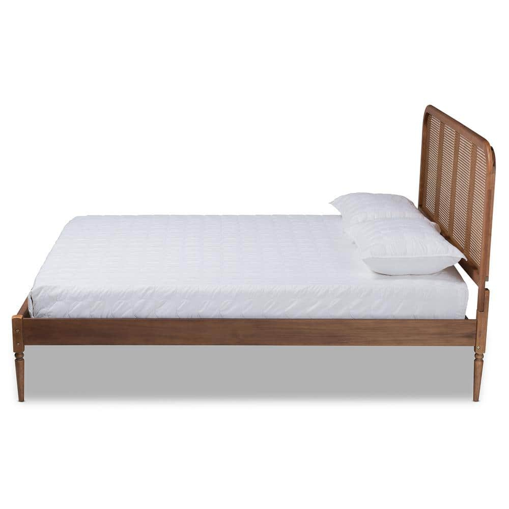 Baxton Studio Elston Mid-Century Modern Walnut Brown Finished Wood and Synthetic Rattan Full Size Platform Bed