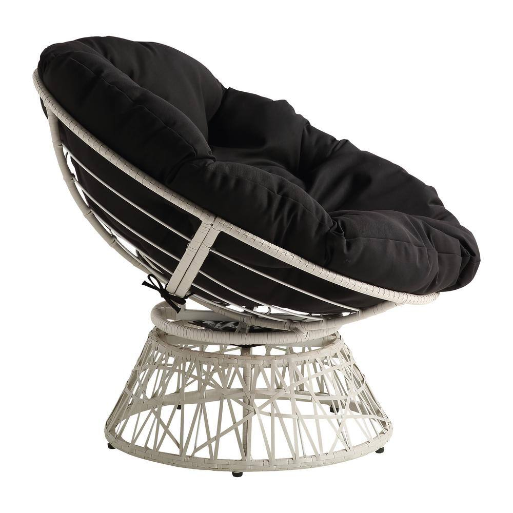 Papasan Chair with Black Round Fabric Pillow Cushion and Cream Wicker Weave