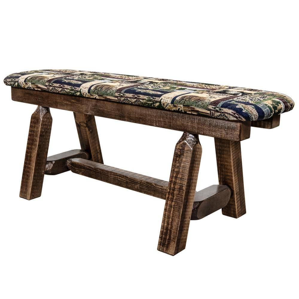 45 in. Homestead Collection Plank Style Bench with Woodland Upholstery, Stain & Clear Lacquer Finish