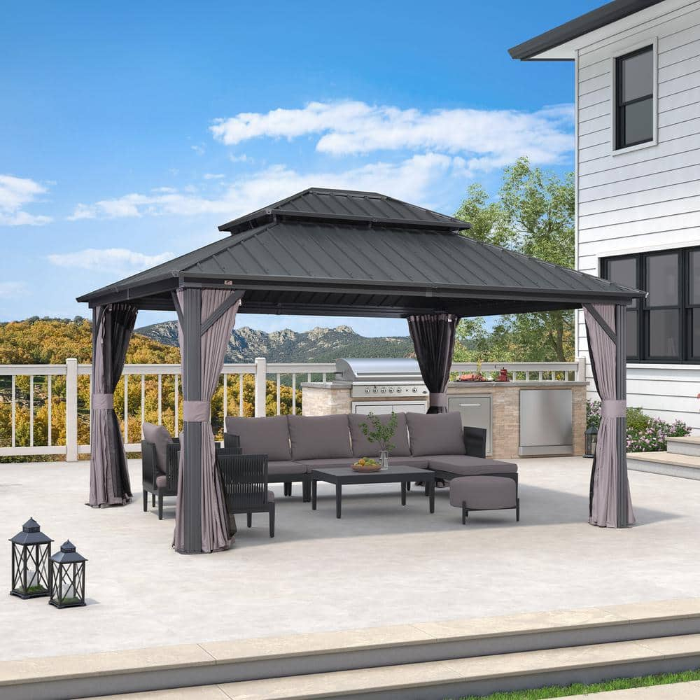 PURPLE LEAF 12' x 14' Permanent Hardtop Gazebo Aluminum Frame Gazebo with Galvanized Steel Double Roof, UV-Resistant for Backyard Patio Lawn and Garden, Netting & Curtains included - Grey