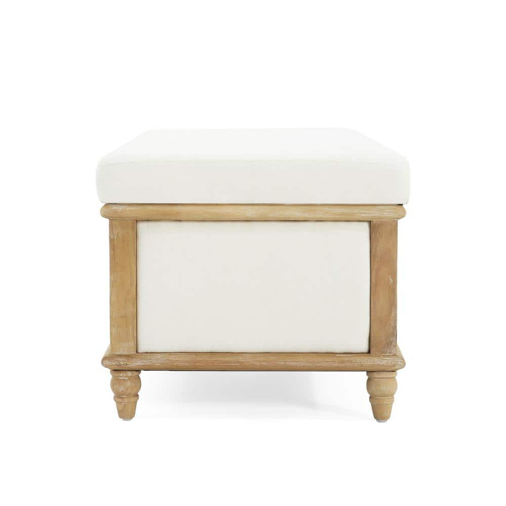 GDF Studio French Country Fabric Storage Ottoman Bench with Weathered Wood Frame, White