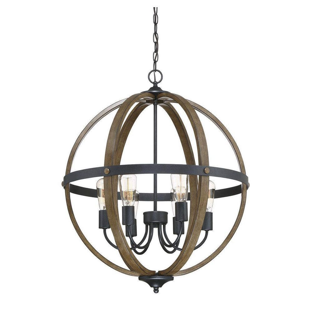 Farmhouse Wood & Black 6-Light Incandescent Pendant Chandelier