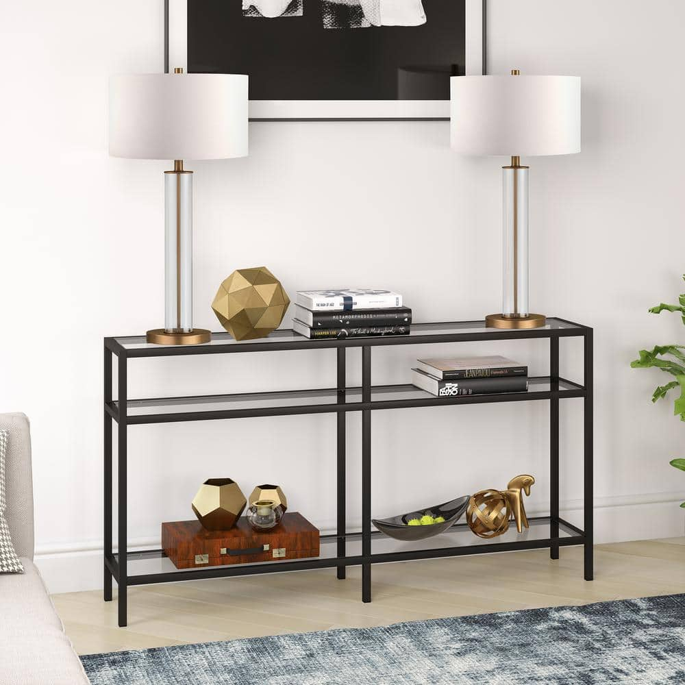 Sivil 55" Blackened Bronze and Black Metal Console Table with Glass Top