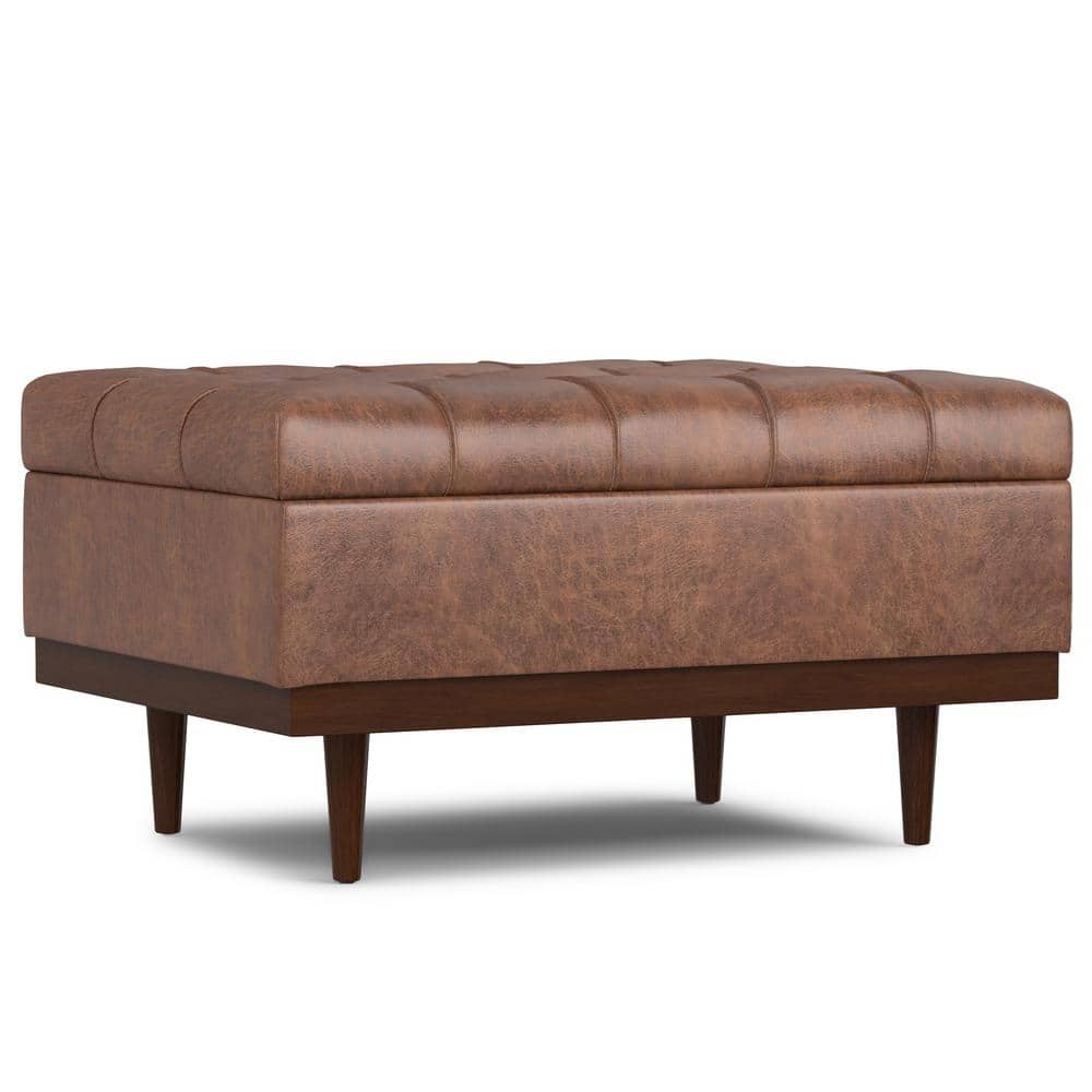 Simpli Home Mariah 34 inch Wide Contemporary Rectangle Coffee Table Storage Ottoman in Distressed Saddle Brown Vegan Faux Leather