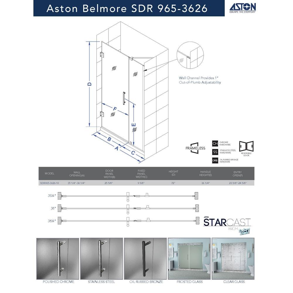 Belmore 36 x 72 Hinged Frameless Shower Door