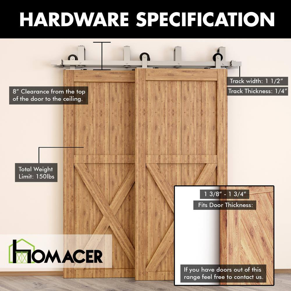 Homacer Brushed Nickel Double Track U-Shape Bypass Sliding Barn Door Hardware Kit, for Two/Double Doors, 6.6ft Long Flat Track, T-Shape Design Roller, Heavy Duty, for Interior & Exterior Use