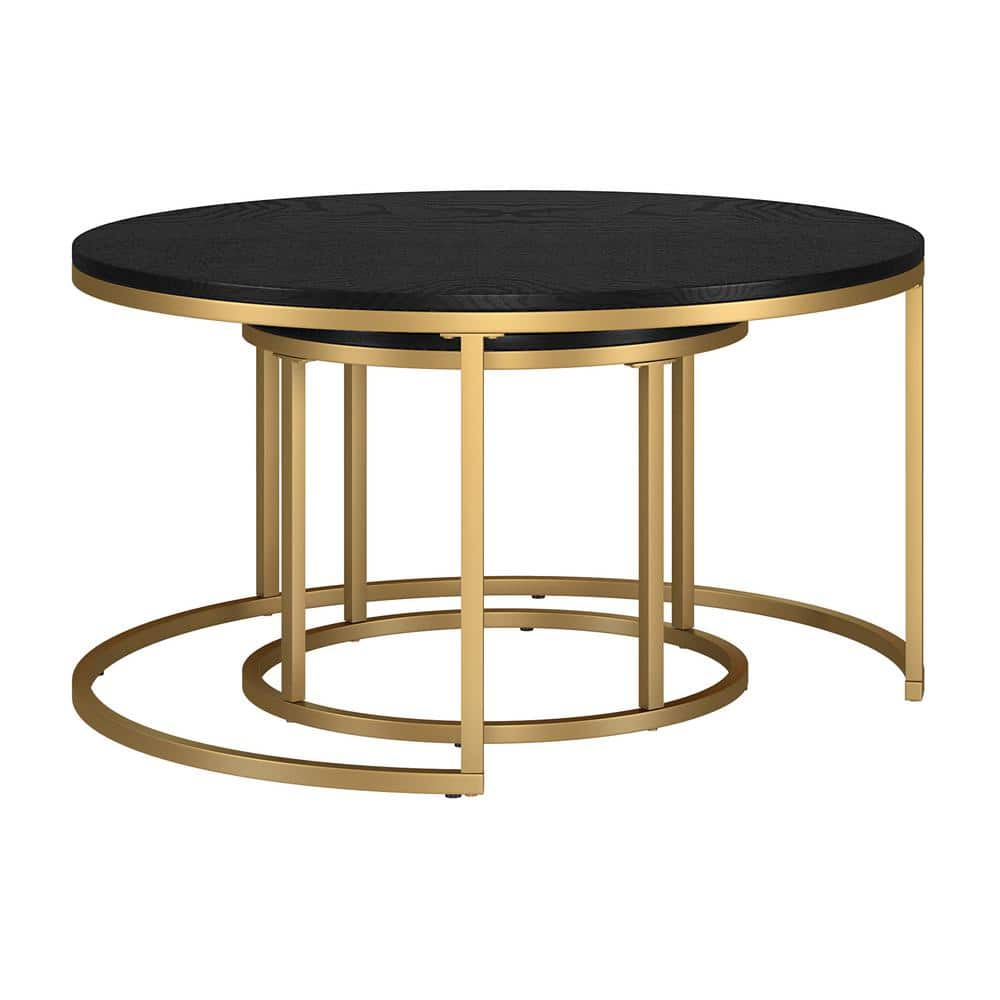 Evelyn&Zoe Watson Round Nested Coffee Table with MDF Top, Gold/Black Grain