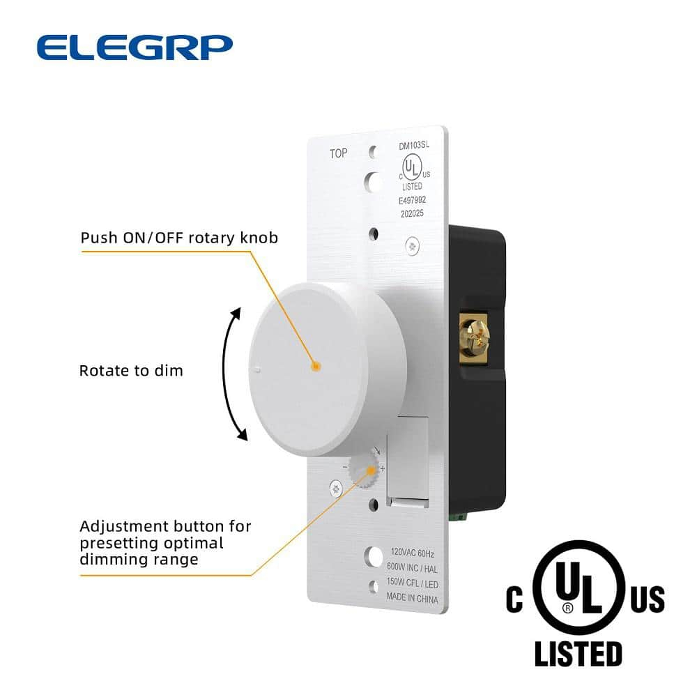 ELEGRP Push Button Rotary Dimmer Switch with Night Indicator Light, Push On/Off, Single Pole/ 3-Way, White/Ivory/light Almond Knobs Included(2 Pack)
