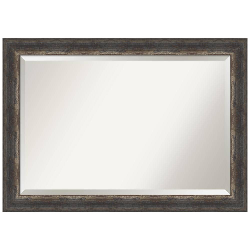 Amanti Art Beveled Bathroom Wall Mirror - Bark Rustic Char Frame Bark Rustic Char Outer Size: 41 x 29 in Silver, Brown, Black