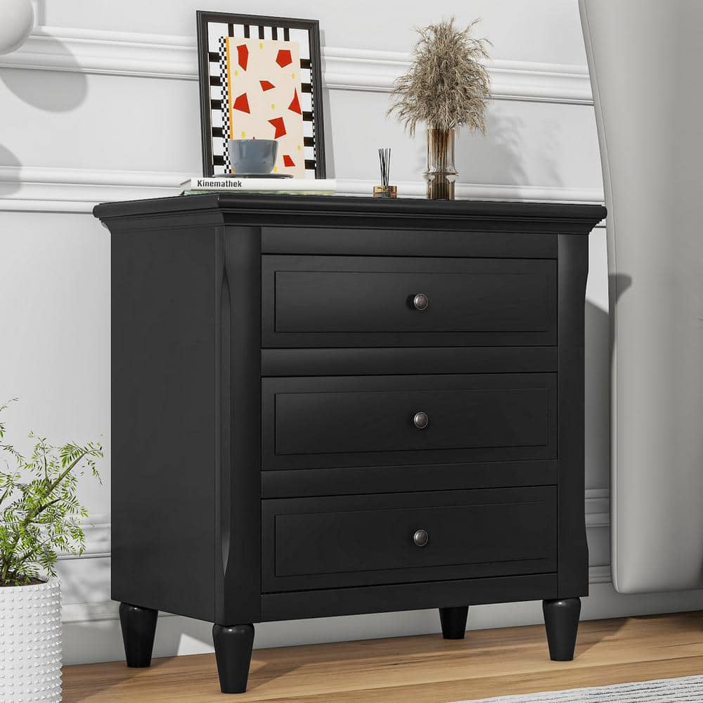 Glavbiku Modern 3 Drawer Nightstand,Wood Bedside Table for Bedroom,Black,28.1" H x 27.9" L,Adult