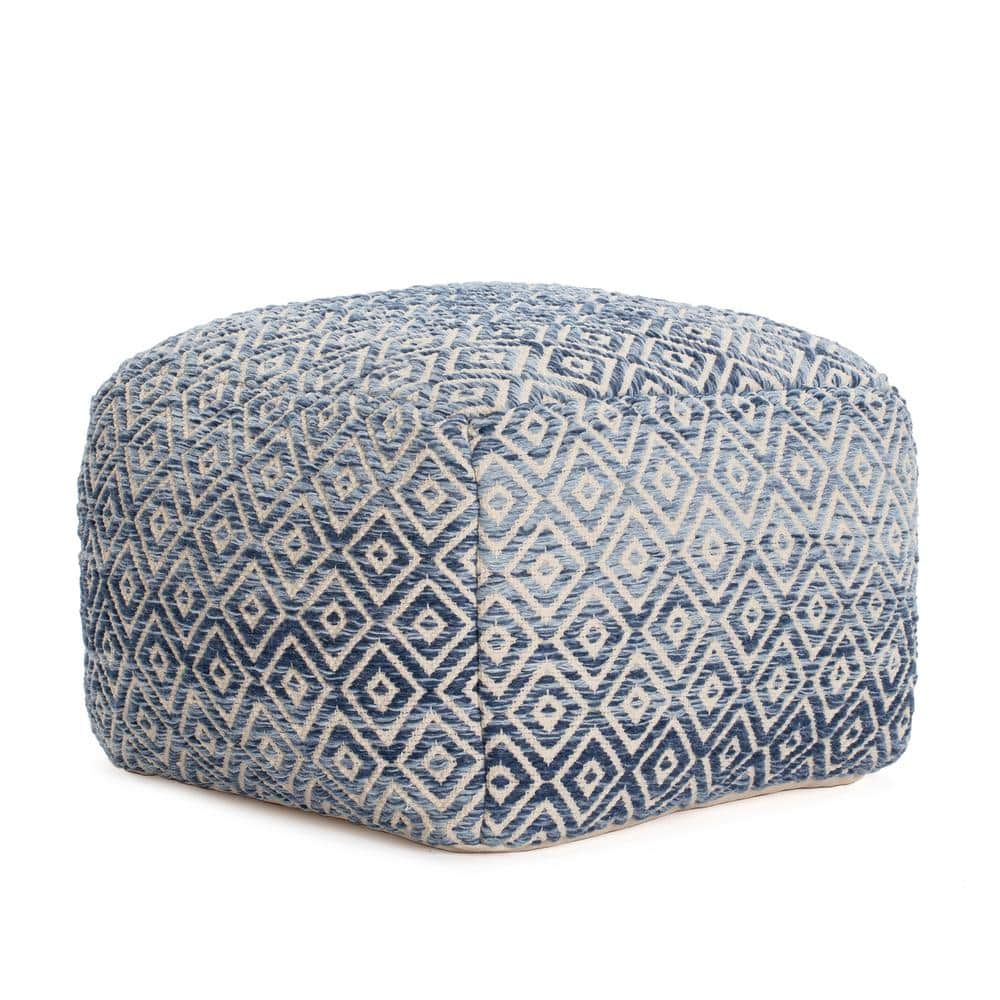 Chero Distressed Diamond 22" Square Pouf Ottoman Blue and Beige