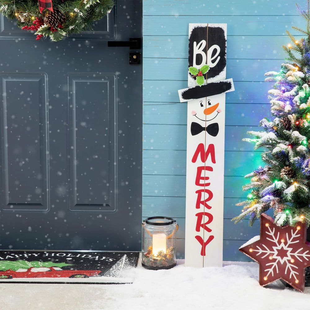 Glitzhome 42" H Wooden Welcome Sign Snowman Vertical Porch Sign Farmhouse Merry Hanging Signs Christmas Decorations for Front Door Wall Display